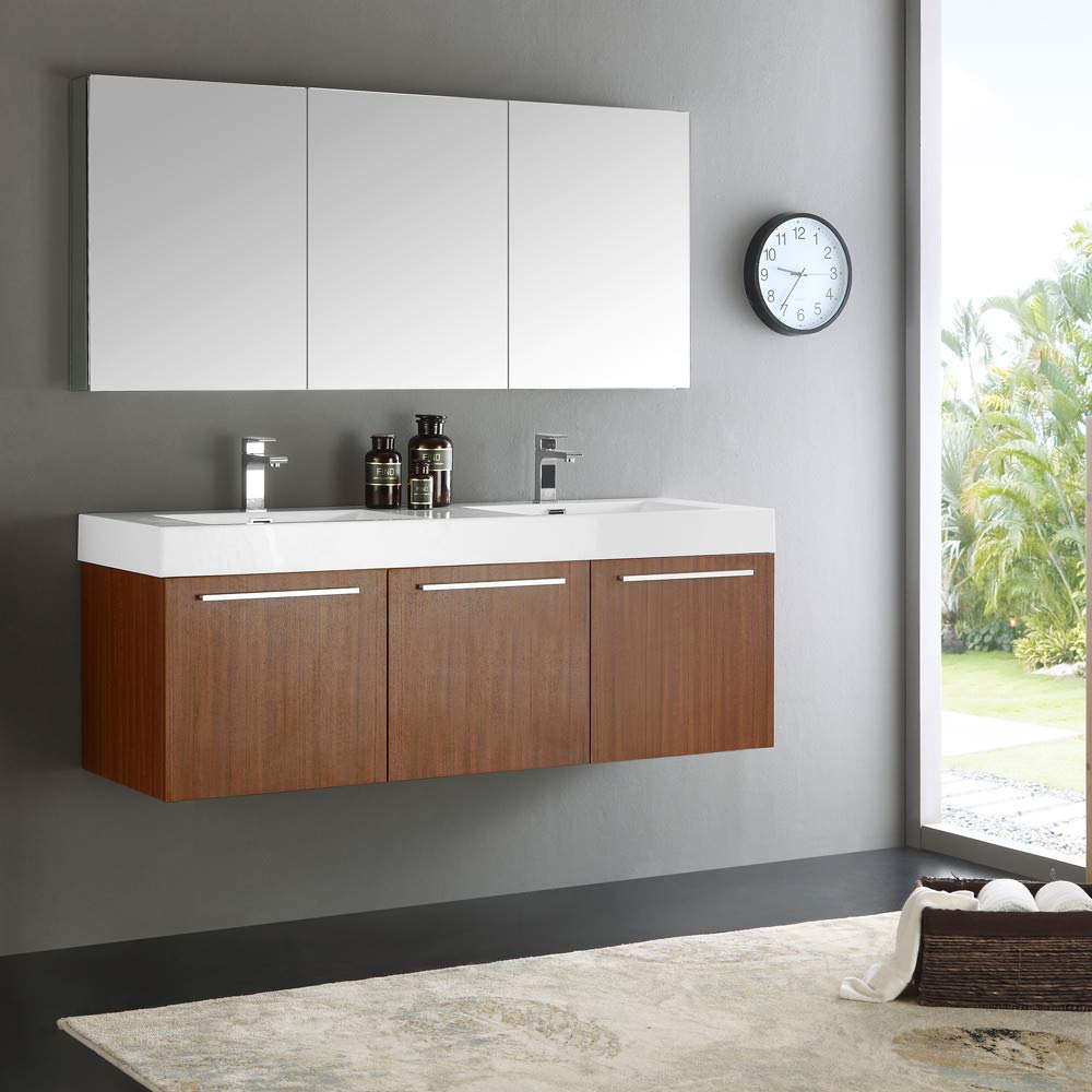 Fresca FVN8093WH-D Fresca Vista 60" White Wall Hung Double Sink Modern Bathroom Vanity w/ Medicine Cabinet