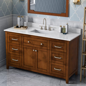 Jeffrey Alexander VKITCHA60SCHWCR 60" Chocolate Chatham Vanity, White Carrara Marble Vanity Top, undermount rectangle bowl