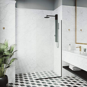 VIGO Zenith Fixed Glass Shower Wall Panels | Frameless Tempered Shower Glass Panel for Open Walk-in Bathroom (3" L x 34.125" W x 74" H) | Clear Glass Shower Panel with Matte Black Hardware Finish