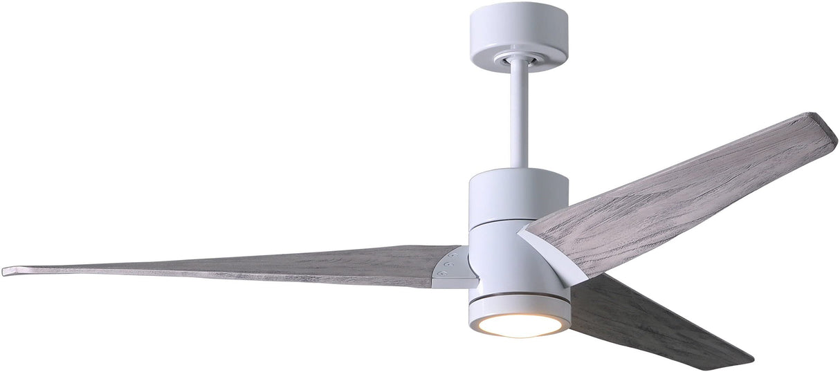 Matthews Fan SJ-WH-BW-52 Super Janet three-blade ceiling fan in Gloss White finish with 52” solid barn wood tone blades and dimmable LED light kit 