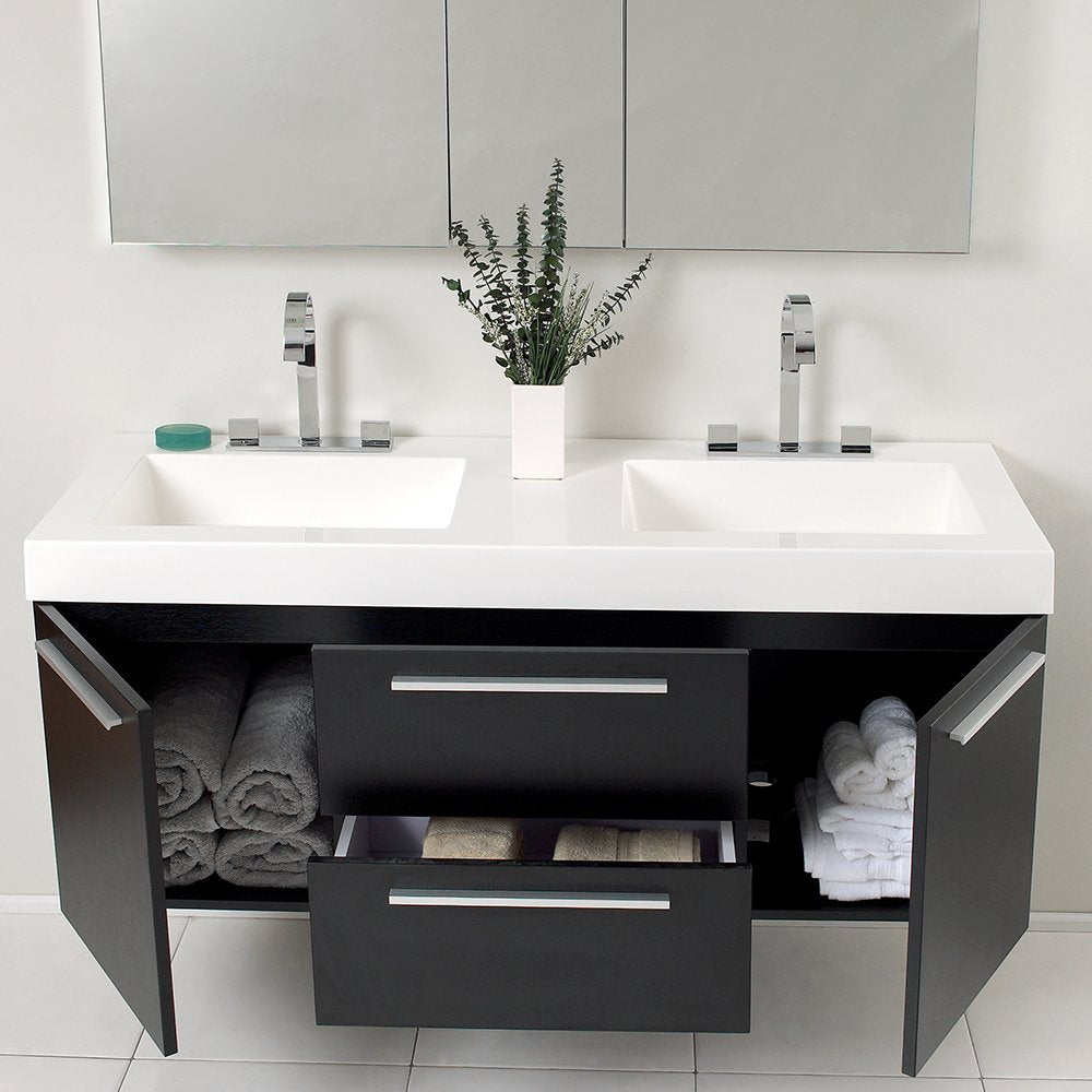 Fresca FVN8013BW Fresca Opulento 54" Black Modern Double Sink Bathroom Vanity w/ Medicine Cabinet