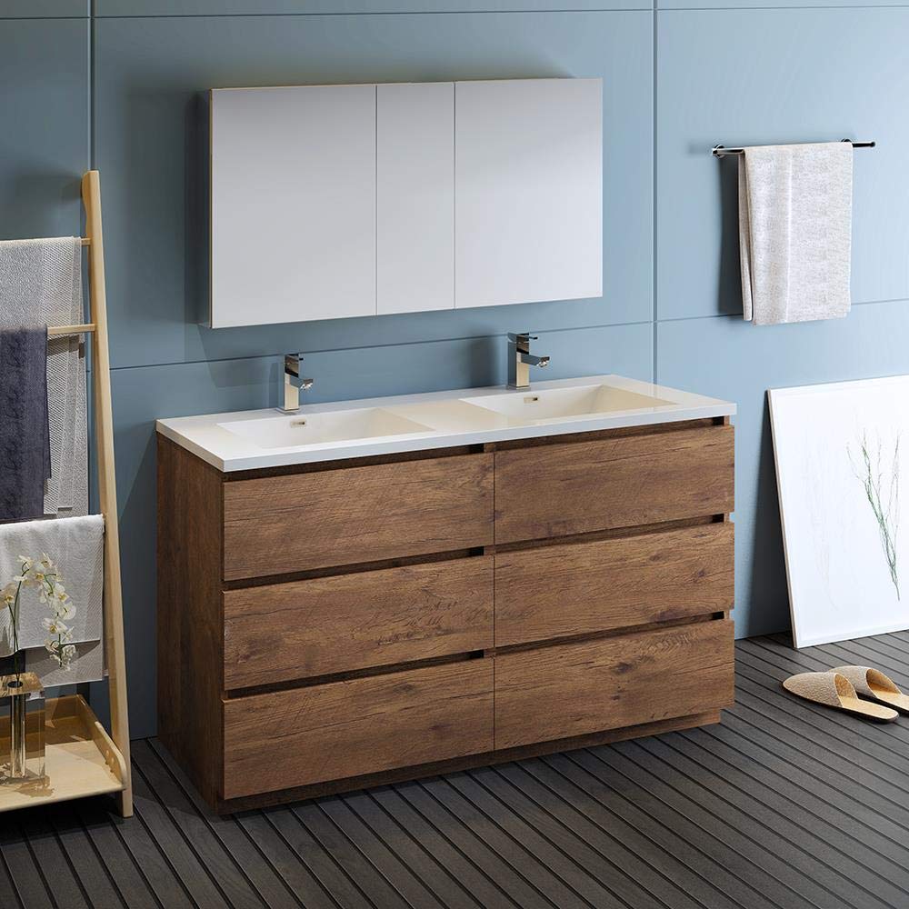 Fresca FVN93-3030RW-D Fresca Lazzaro 60" Rosewood Free Standing Double Sink Modern Bathroom Vanity w/ Medicine Cabinet