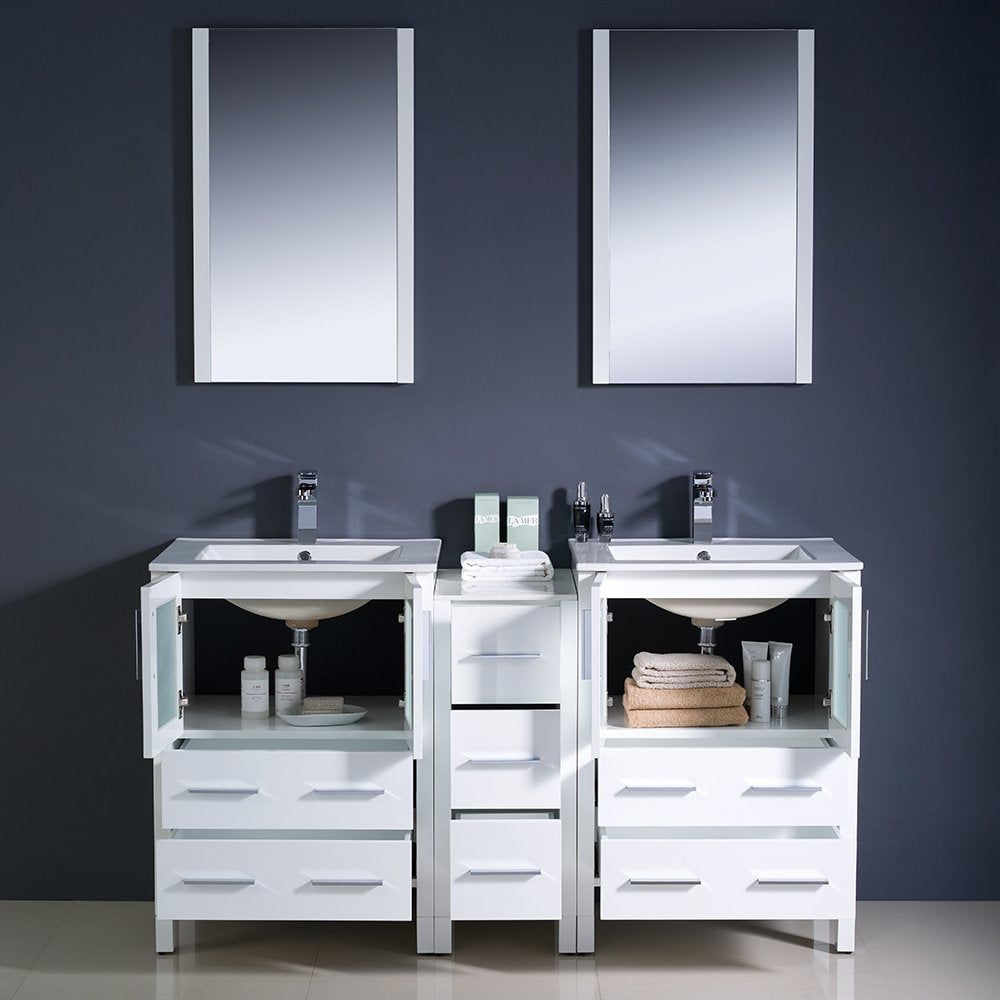 Fresca FVN62-241224WH-UNS Fresca Torino 60" White Modern Double Sink Bathroom Vanity w/ Side Cabinet & Integrated Sinks