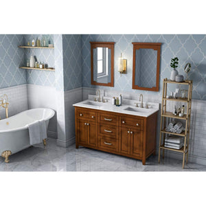 Jeffrey Alexander VKITCHA60CHWCR 60" Chocolate Chatham Vanity, double bowl, White Carrara Marble Vanity Top, two undermount rectangle bowls