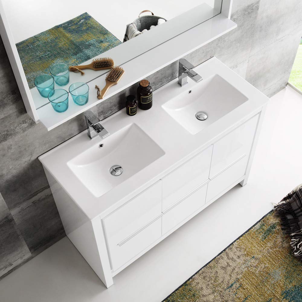 Fresca FVN8148WH-D Fresca Allier 48" White Modern Double Sink Bathroom Vanity w/ Mirror