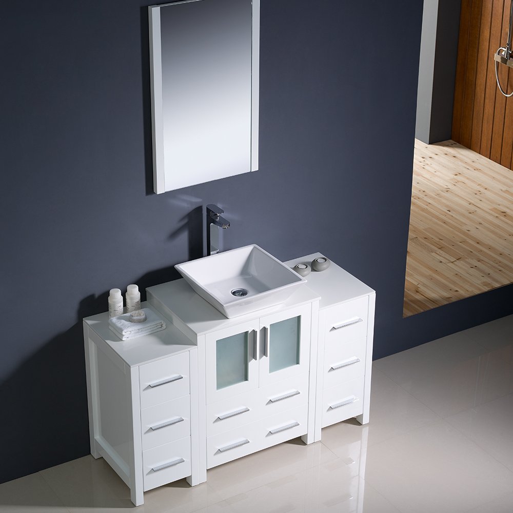 Fresca FVN62-122412WH-VSL Fresca Torino 48" White Modern Bathroom Vanity w/ 2 Side Cabinets & Vessel Sink