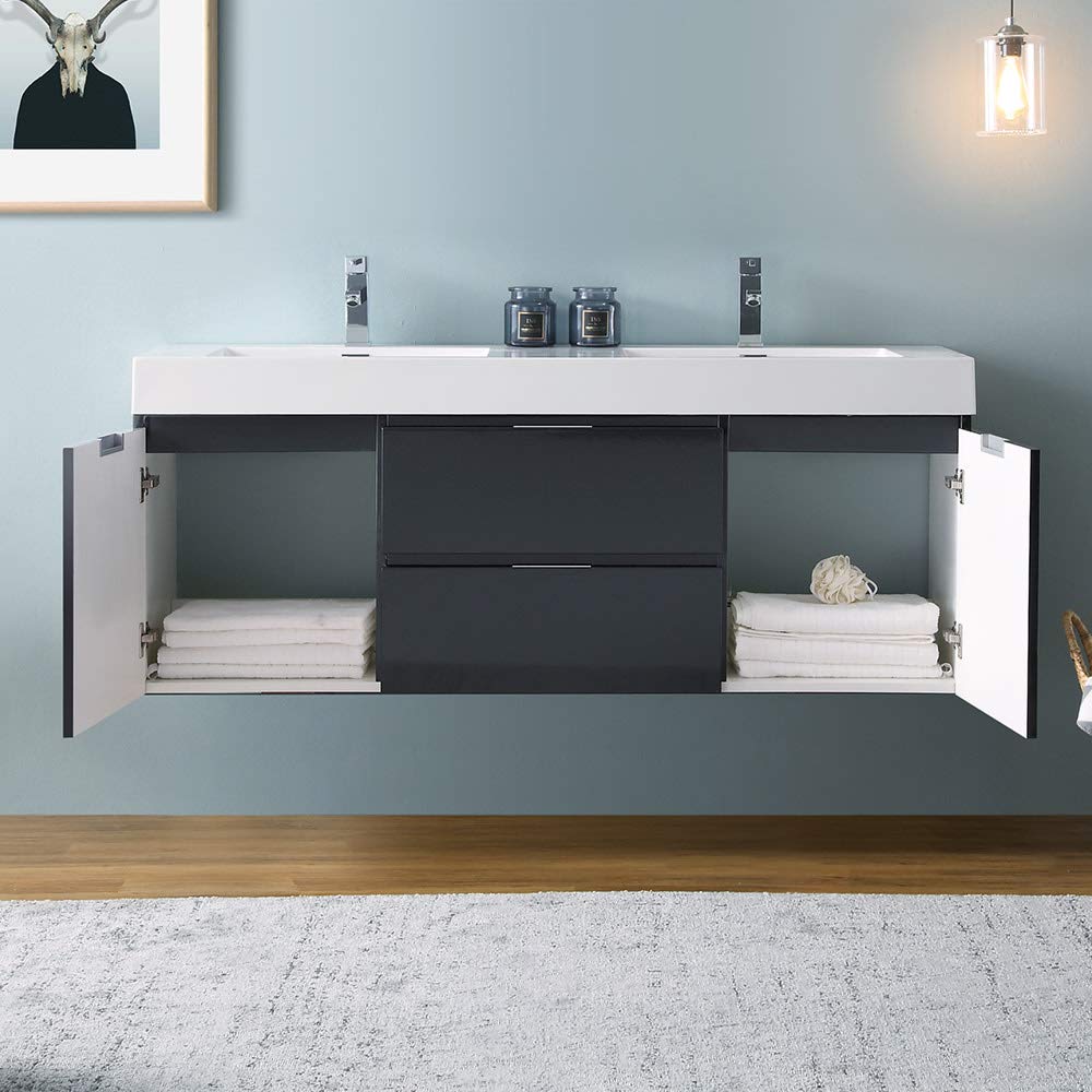 Fresca FCB8360WH-D-I Fresca Valencia 60" Glossy White Wall Hung Double Sink Modern Bathroom Vanity