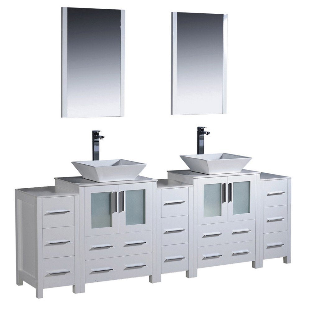 Fresca FVN62-72WH-VSL Fresca Torino 84" White Modern Double Sink Bathroom Vanity w/ 3 Side Cabinets & Vessel Sinks