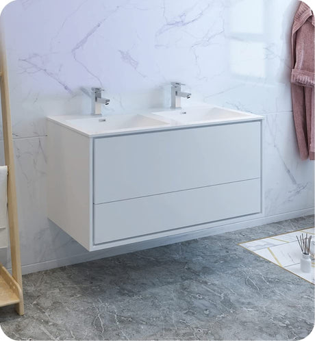 Fresca FCB9248WH-D-I Fresca Catania 48" Glossy White Wall Hung Modern Bathroom Cabinet w/ Integrated Double Sink