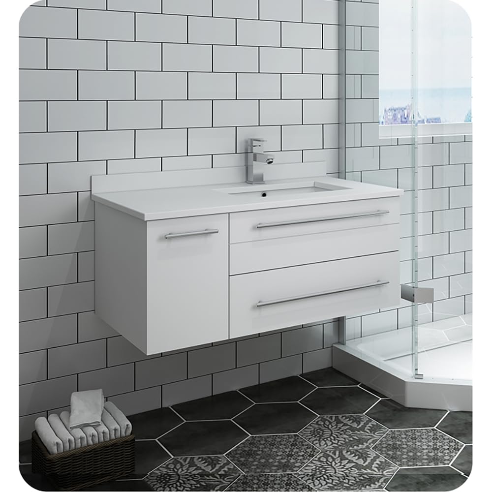 Fresca FCB6136WH-UNS-R-CWH-U Fresca Lucera 36" White Wall Hung Modern Bathroom Cabinet w/ Top & Undermount Sink - Right Version