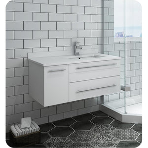 Fresca FCB6136WH-UNS-R-CWH-U Fresca Lucera 36" White Wall Hung Modern Bathroom Cabinet w/ Top & Undermount Sink - Right Version