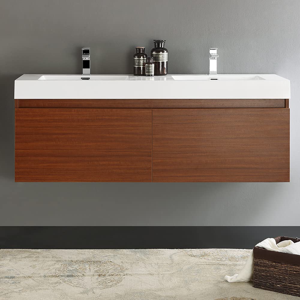 Fresca FCB8042TK-I Fresca Mezzo 60" Teak Wall Hung Double Sink Modern Bathroom Cabinet w/ Integrated Sink