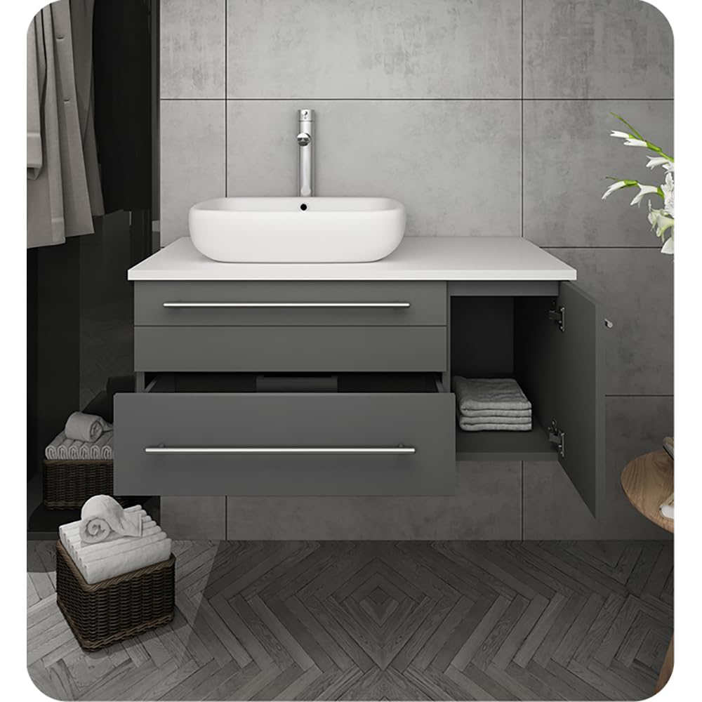 Fresca FCB6136GR-VSL-L-CWH-V Fresca Lucera 36" Gray Wall Hung Modern Bathroom Cabinet w/ Top & Vessel Sink - Left Version