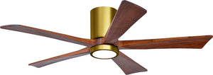 Matthews Fan IR5HLK-BRBR-WA-52 IR5HLK five-blade flush mount paddle fan in Brushed Brass finish with 52” solid matte white wood blades and integrated LED light kit.