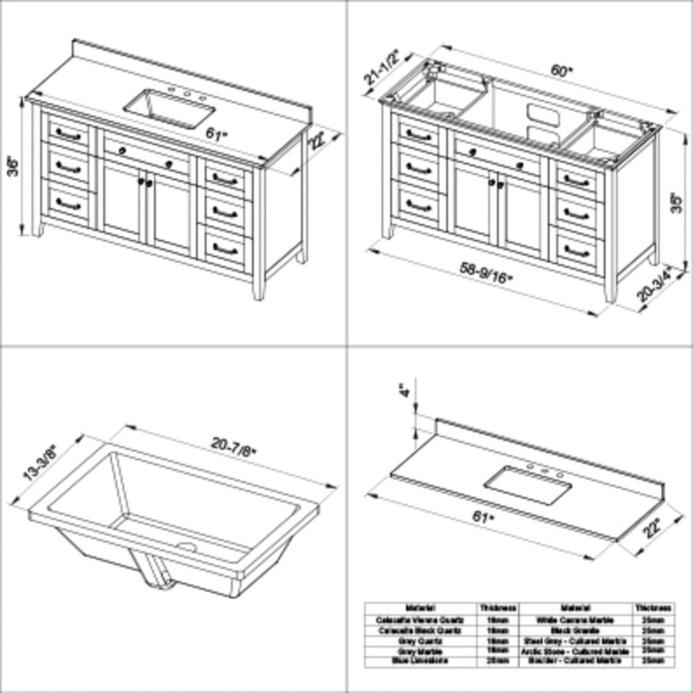 Jeffrey Alexander VKITCHA60SCHBOR 60" Chocolate Chatham Vanity, Boulder Cultured Marble Vanity Top, undermount rectangle bowl