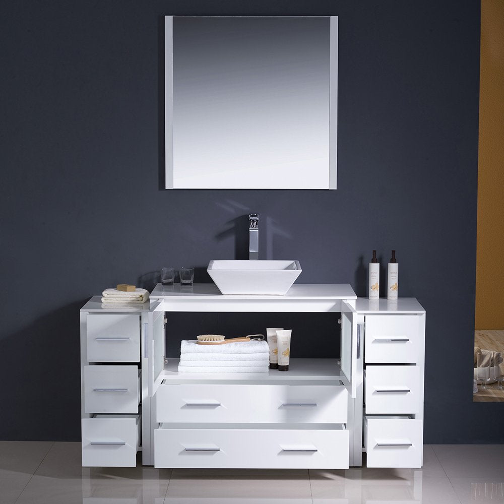 Fresca FVN62-123612WH-VSL Fresca Torino 60" White Modern Bathroom Vanity w/ 2 Side Cabinets & Vessel Sink