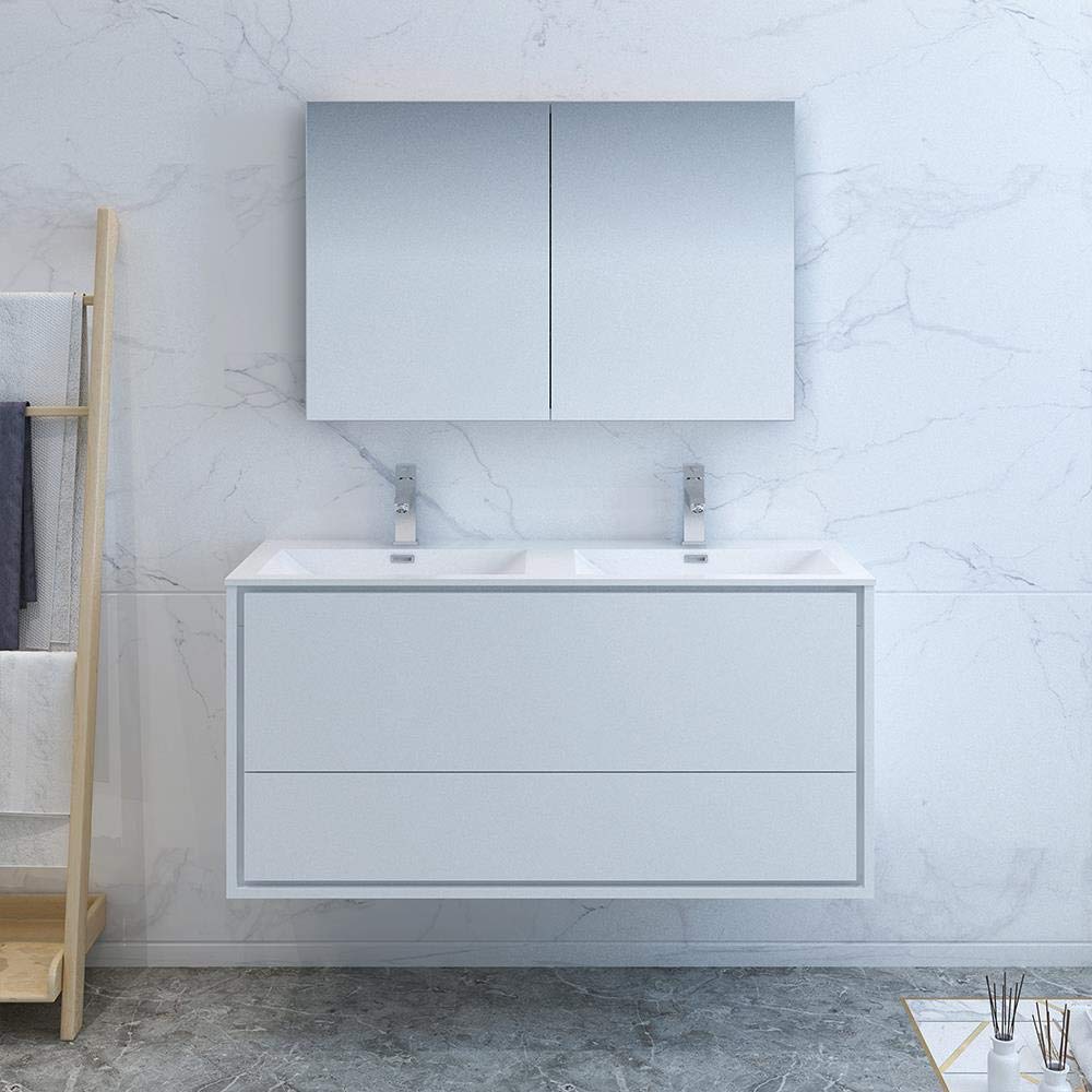 Fresca FVN9248WH-D Fresca Catania 48" Glossy White Wall Hung Double Sink Modern Bathroom Vanity w/ Medicine Cabinet