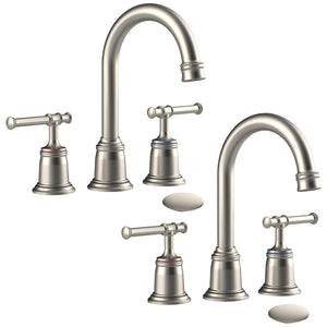 Classical 8 inch Bathroom Faucet, Bathroom faucets for Sink 3 Holes, Widespread Brushed Nickel Bathroom Faucet with Pop Up Drain and cUPC Lead-Free Hose (Brushed Nickel 2 Packs)