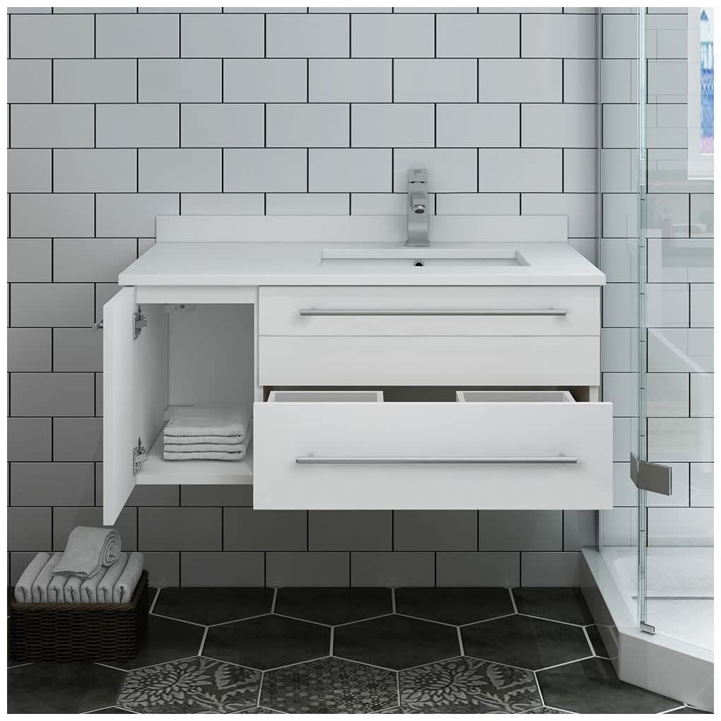 Fresca FCB6136RBL-UNS-R-CWH-U Fresca Lucera 36" Royal Blue Wall Hung Modern Bathroom Cabinet w/ Top & Undermount Sink - Right Version