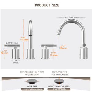 8-Inch Three-Hole Bathroom Faucet with Pull-Down Sprayer, Widespread Design, Metal Pop-Up Drain, Water Supply Lines, and Two Handles
