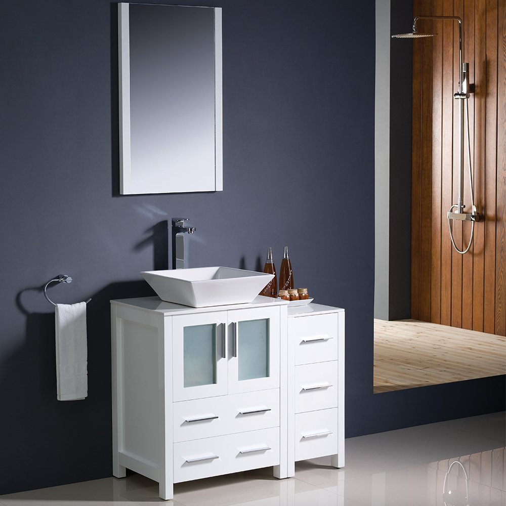 Fresca FVN62-2412WH-VSL Fresca Torino 36" White Modern Bathroom Vanity w/ Side Cabinet & Vessel Sink