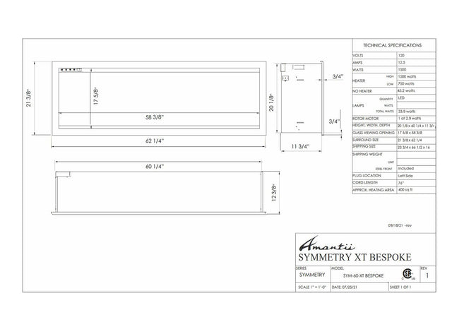 Amantii SYM-60-XT-BESPOKE Symmetry Xtra Tall Bespoke - 60" Indoor / Outdoor Electric Built In featuring, WiFi Compatibilty & Bluetooth Connectivity, MultiFunction Remote, and a Selection of Media Options
