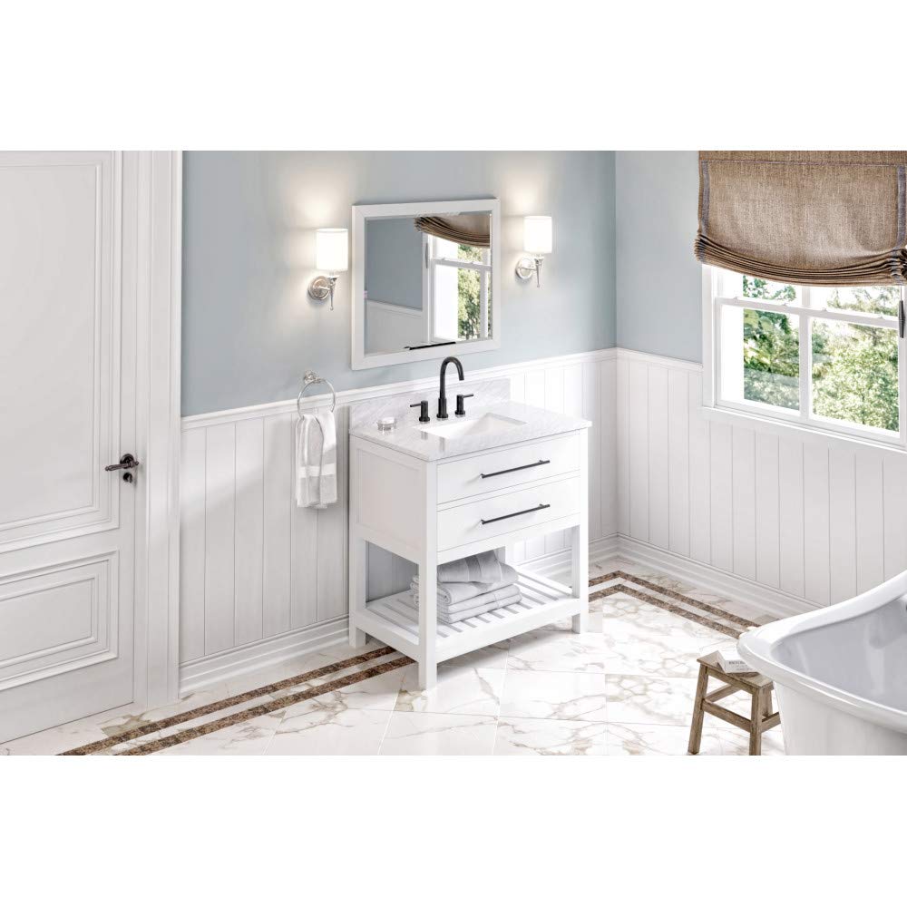 Jeffrey Alexander VKITWAV36WHWCR 36" White Wavecrest Vanity, White Carrara Marble Vanity Top, undermount rectangle bowl
