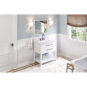 Jeffrey Alexander VKITWAV36WHWCR 36" White Wavecrest Vanity, White Carrara Marble Vanity Top, undermount rectangle bowl