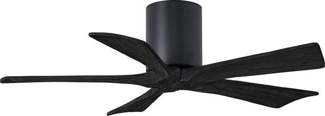 Matthews Fan IR5H-BK-BK-42 Irene-5H five-blade flush mount paddle fan in Matte Black finish with 42” solid matte black wood blades. 