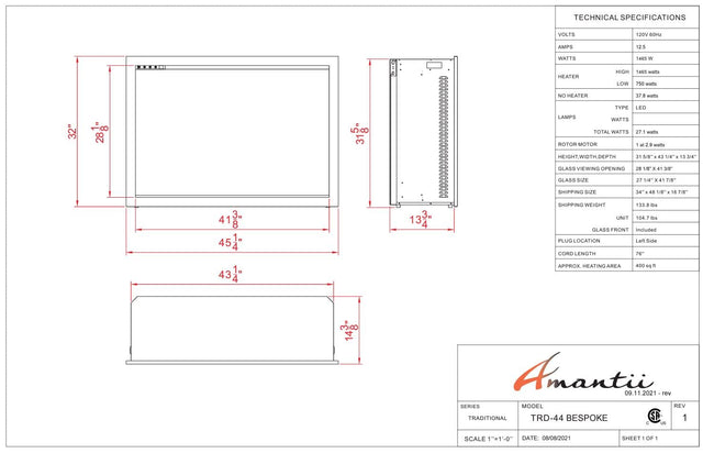 Amantii TRD-44-BESPOKE Traditional Bespoke - 44" Indoor / Outdoor Electric Insert Featuring, WiFi Compatibility, Bluetooth Connectivity, Multi Function Remote, and a Selection of Media Options