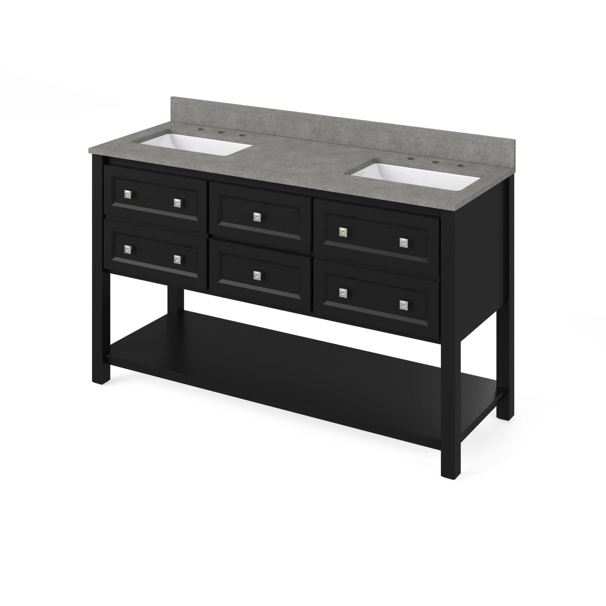 Jeffrey Alexander VKITADL60BKSGR 60" Black Adler Vanity, double bowl, Steel Grey Cultured Marble Vanity Top, two undermount rectangle bowls