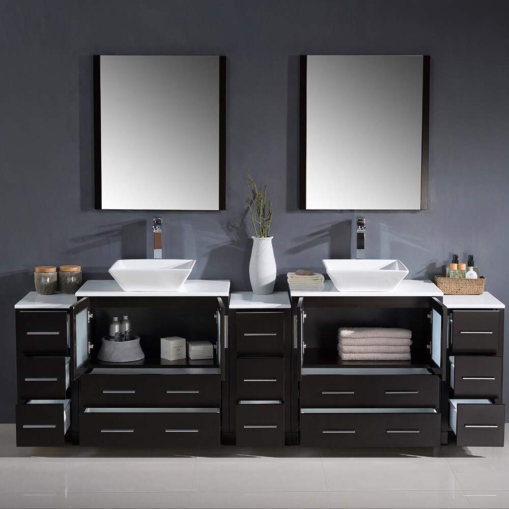 Fresca FVN62-96ES-VSL Fresca Torino 96" Espresso Modern Double Sink Bathroom Vanity w/ 3 Side Cabinets & Vessel Sinks