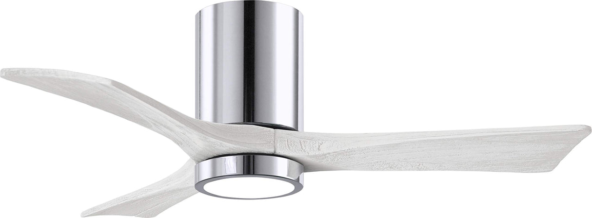 Matthews Fan IR3HLK-CR-MWH-42 Irene-3HLK three-blade flush mount paddle fan in Polished Chrome finish with 42” solid matte white wood blades and integrated LED light kit.
