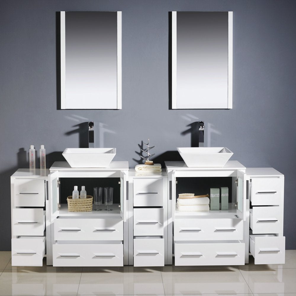 Fresca FVN62-72WH-VSL Fresca Torino 84" White Modern Double Sink Bathroom Vanity w/ 3 Side Cabinets & Vessel Sinks