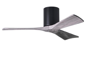 Matthews Fan IR3H-BK-BW-42 Irene-3H three-blade flush mount paddle fan in Matte Black finish with 42” solid barn wood tone blades. 