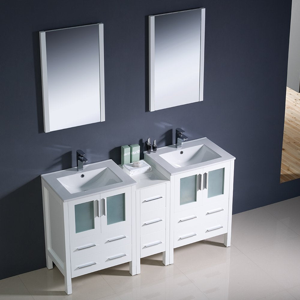 Fresca FVN62-241224WH-UNS Fresca Torino 60" White Modern Double Sink Bathroom Vanity w/ Side Cabinet & Integrated Sinks