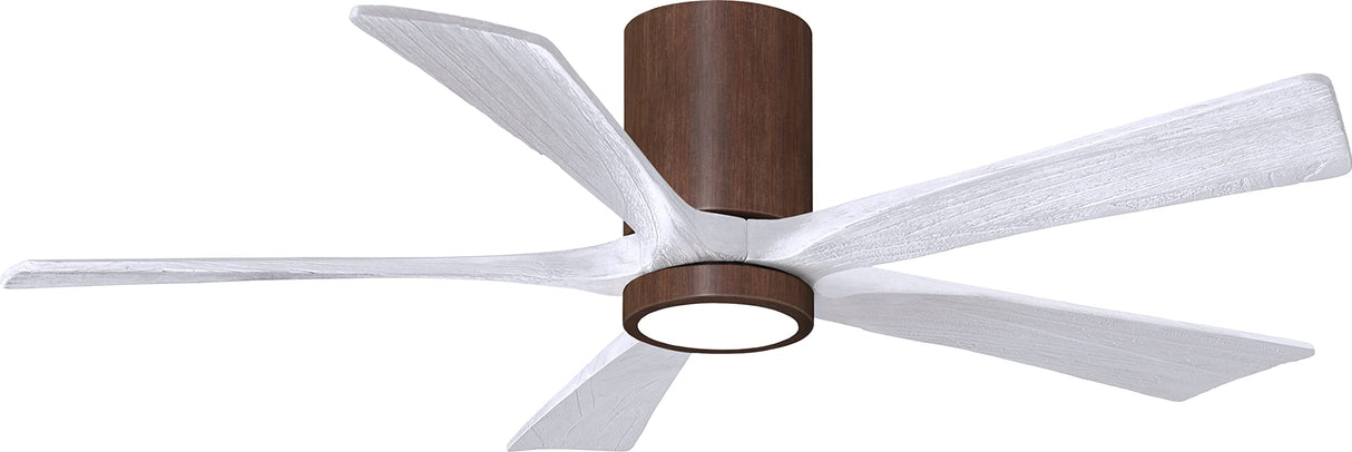 Matthews Fan IR5HLK-WN-MWH-52 IR5HLK five-blade flush mount paddle fan in Walnut finish with 52” solid matte white wood blades and integrated LED light kit.