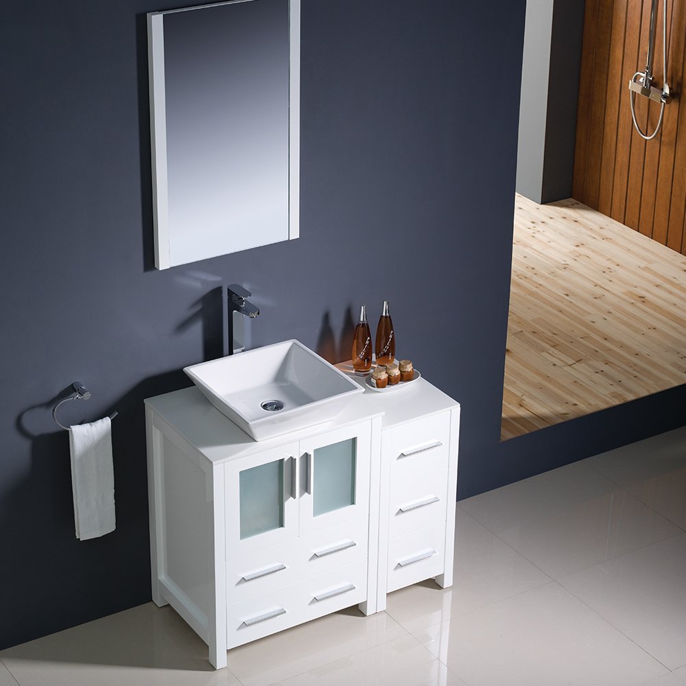 Fresca FVN62-2412WH-VSL Fresca Torino 36" White Modern Bathroom Vanity w/ Side Cabinet & Vessel Sink