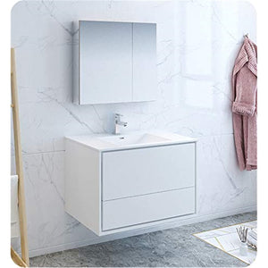 Fresca FVN9236WH Fresca Catania 36" Glossy White Wall Hung Modern Bathroom Vanity w/ Medicine Cabinet