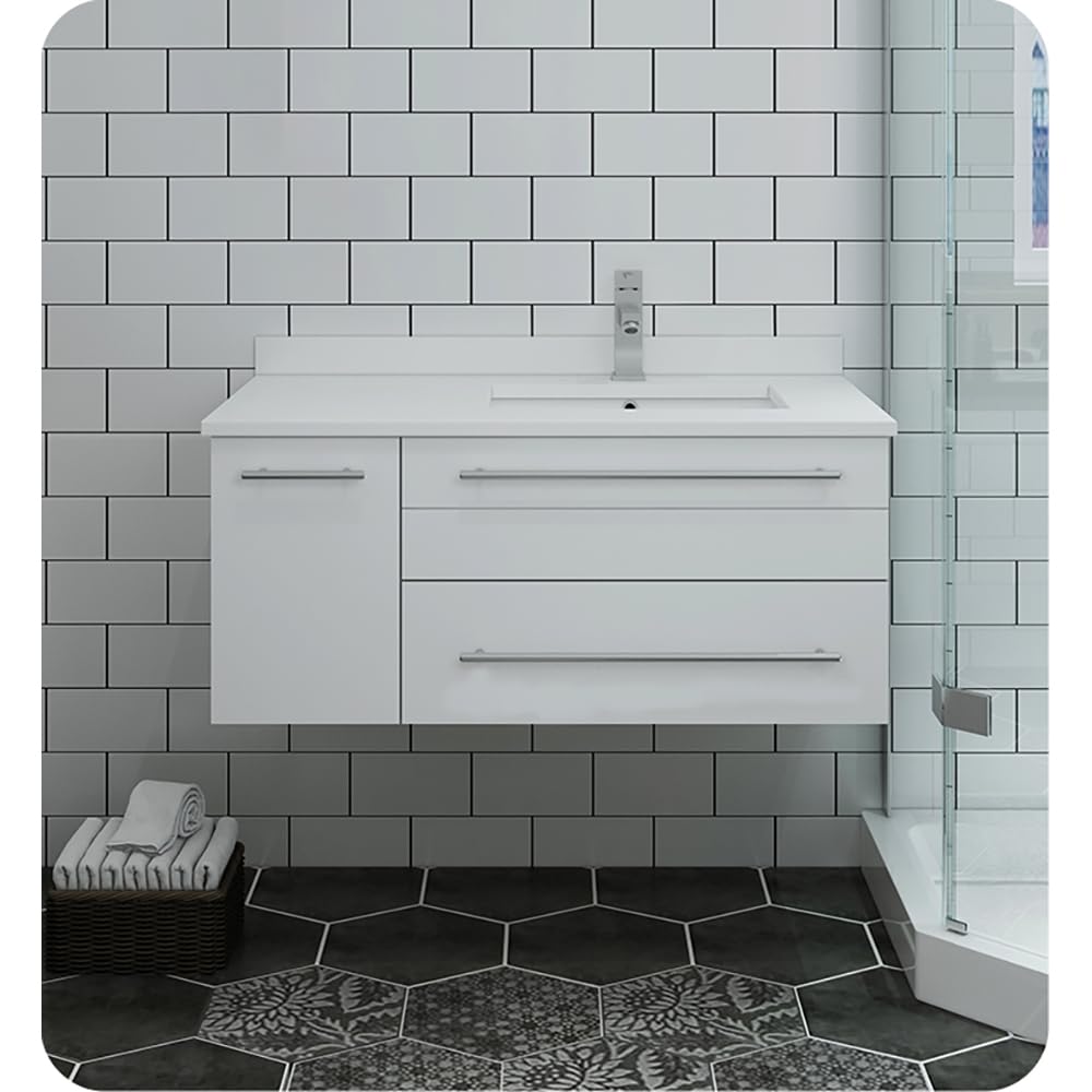 Fresca FCB6136WH-UNS-R-CWH-U Fresca Lucera 36" White Wall Hung Modern Bathroom Cabinet w/ Top & Undermount Sink - Right Version