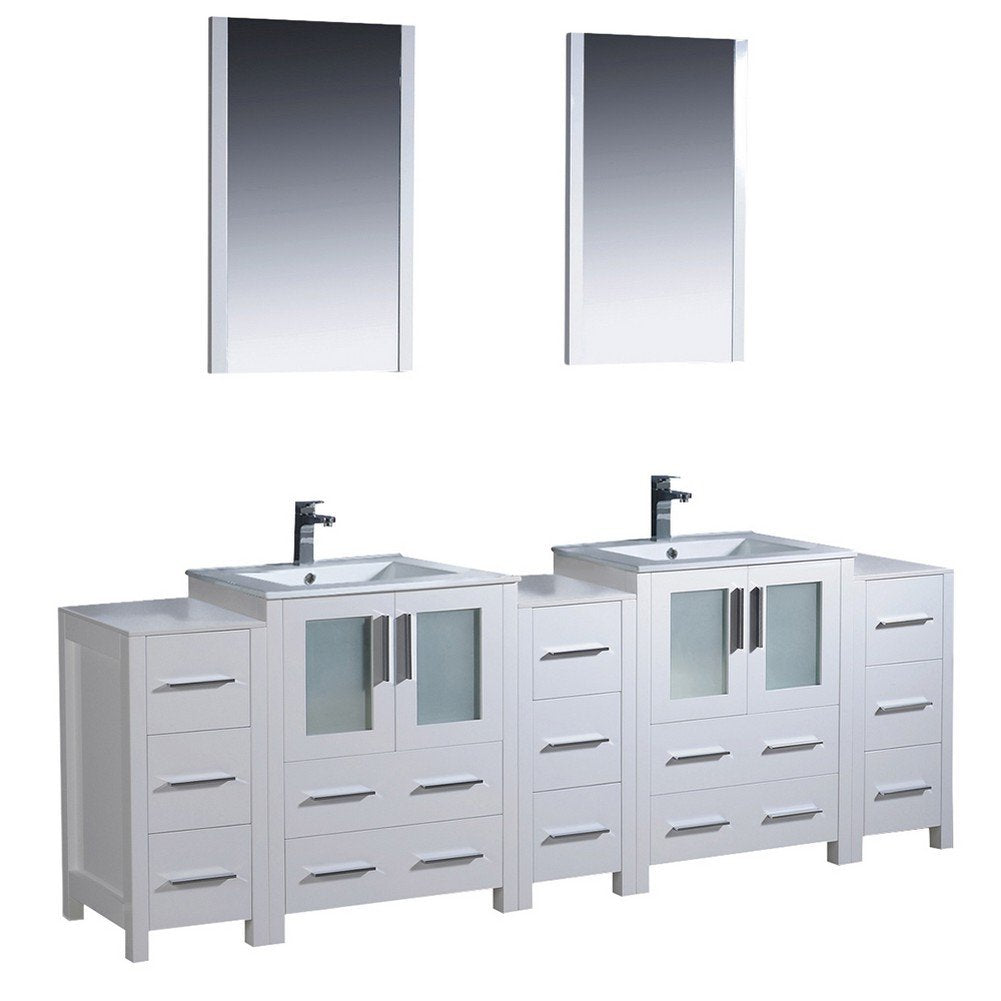 Fresca FVN62-72WH-UNS Fresca Torino 84" White Modern Double Sink Bathroom Vanity w/ 3 Side Cabinets & Integrated Sinks