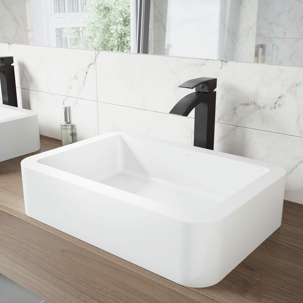 VIGO VGT1005 15.75" L -22.75" W -12.0" H Handmade Matte Stone Rectangle Vessel Bathroom Sink Set in Matte White Finish with Matte Black Single-Handle Single Hole Faucet and Pop Up Drain