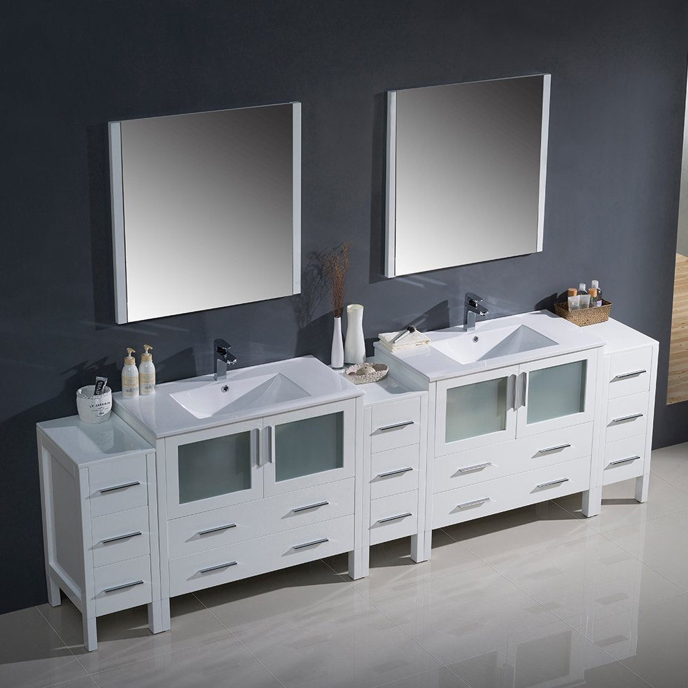 Fresca FVN62-108WH-UNS Fresca Torino 108" White Modern Double Sink Bathroom Vanity w/ 3 Side Cabinets & Integrated Sinks