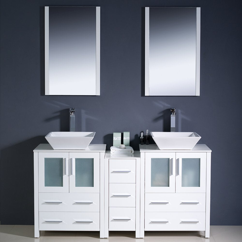 Fresca FVN62-241224WH-VSL Fresca Torino 60" White Modern Double Sink Bathroom Vanity w/ Side Cabinet & Vessel Sinks