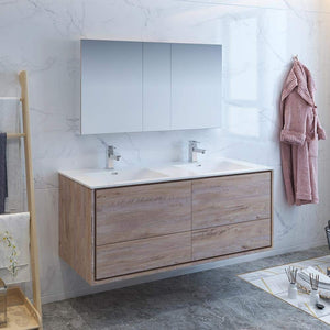 Fresca FVN9260RNW-D Fresca Catania 60" Rustic Natural Wood Wall Hung Double Sink Modern Bathroom Vanity w/ Medicine Cabinet