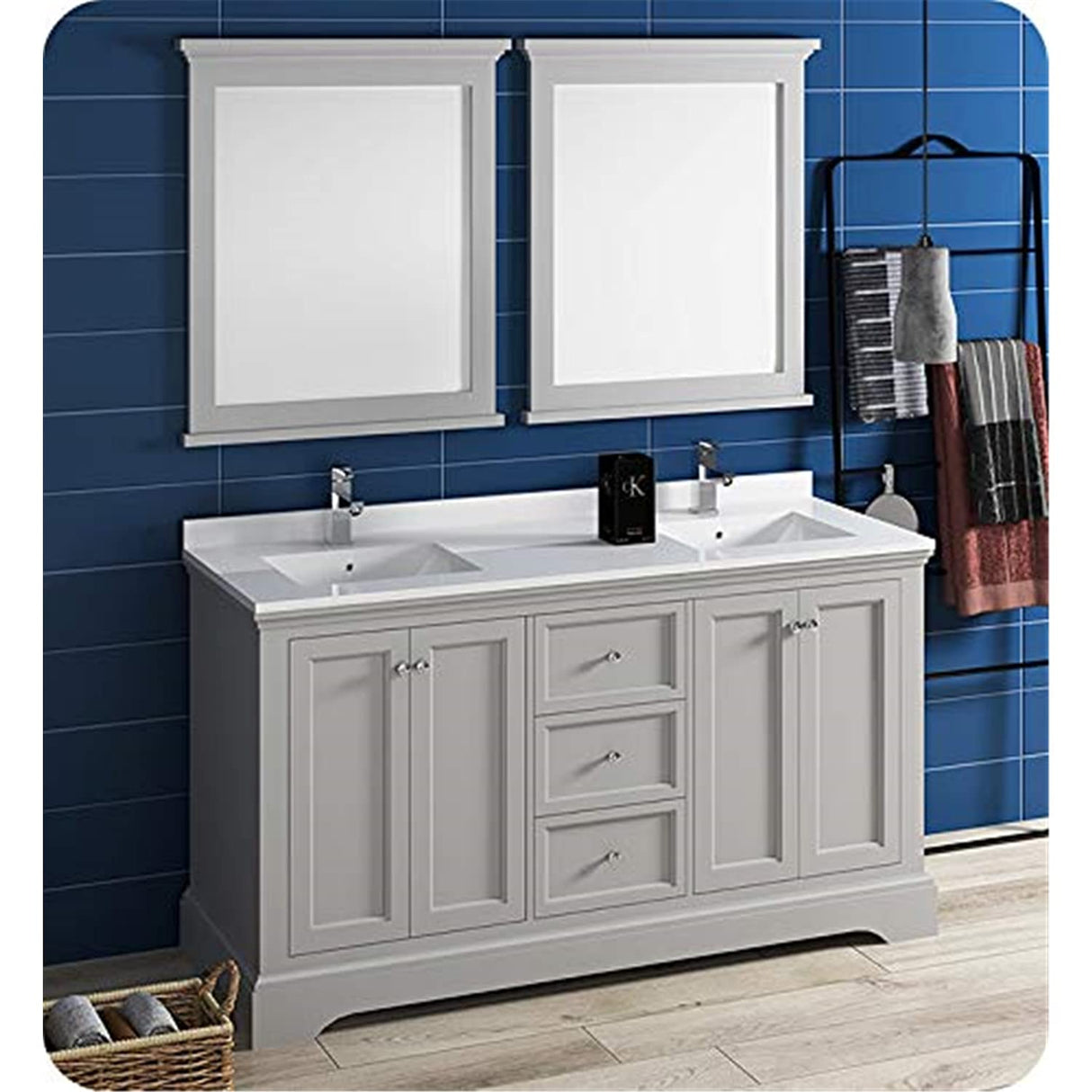 Fresca FVN2460GRV Fresca Windsor 60" Gray Textured Traditional Double Sink Bathroom Vanity w/ Mirrors