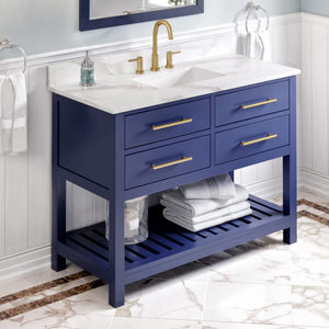 Jeffrey Alexander VKITWAV48BLCQR 48" Hale Blue Wavecrest Vanity, Calacatta Vienna Quartz Vanity Top, undermount rectangle bowl