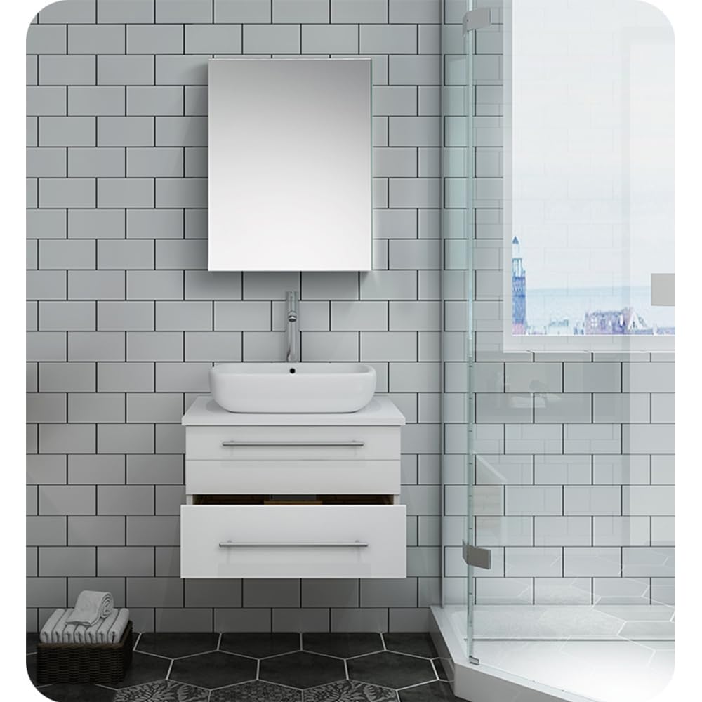 Fresca FVN6124WH-VSL Fresca Lucera 24" White Wall Hung Vessel Sink Modern Bathroom Vanity w/ Medicine Cabinet