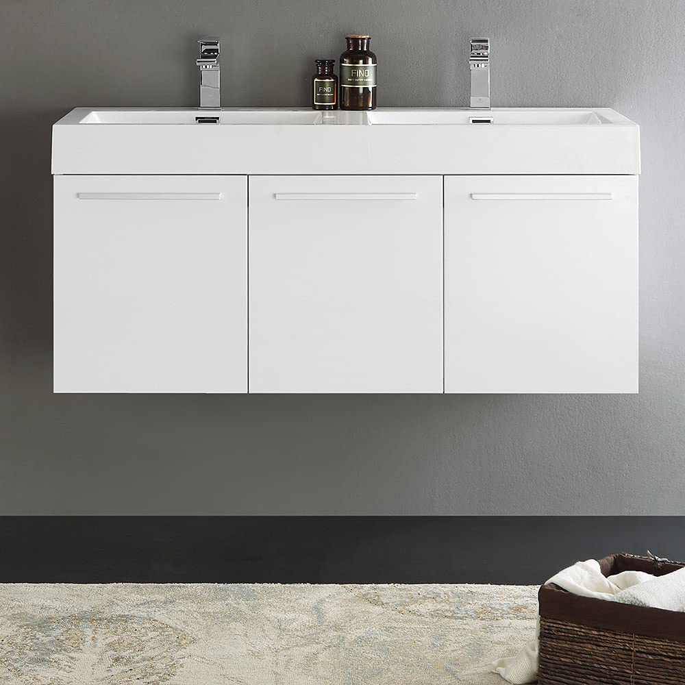 Fresca FCB8092WH-D-I Fresca Vista 48" White Wall Hung Double Sink Modern Bathroom Cabinet w/ Integrated Sink