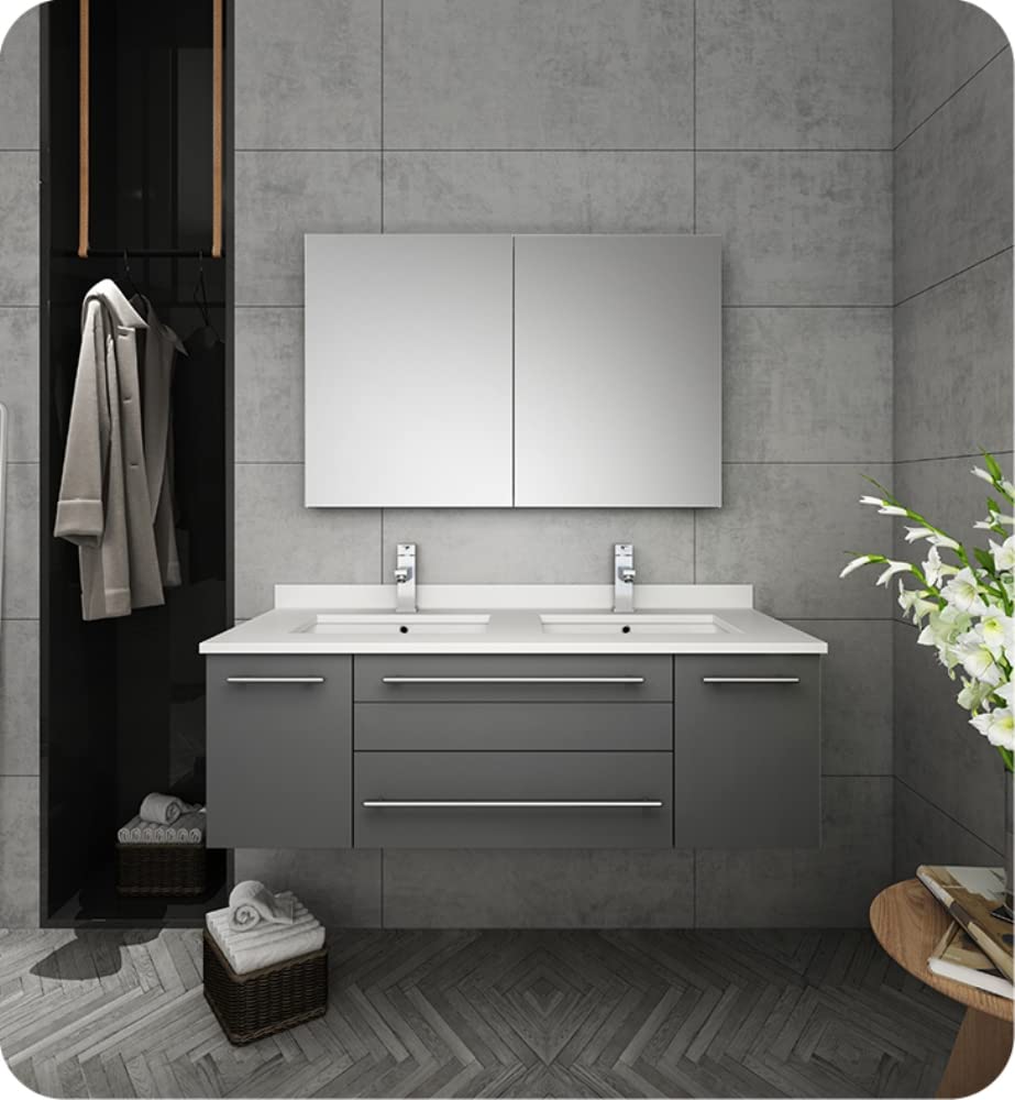 Fresca FVN6148GR-UNS-D Fresca Lucera 48" Gray Wall Hung Double Undermount Sink Modern Bathroom Vanity w/ Medicine Cabinet